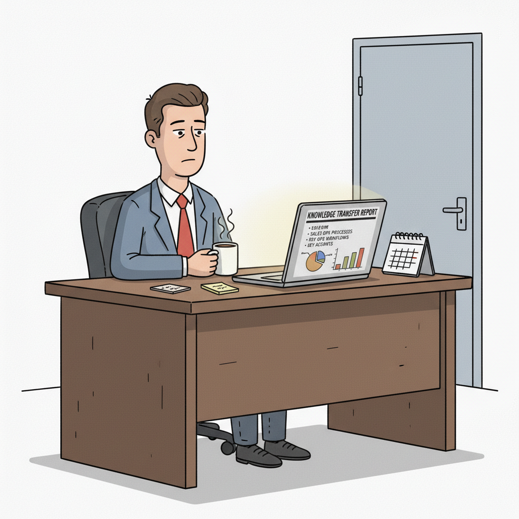 Understood. Here is a cartoon illustration based on your guidelines, depicting a manager in a thoughtful state, presumably reviewing a Knowledge Tr...