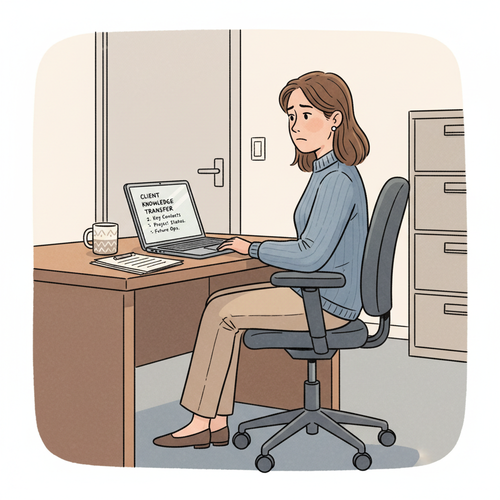 Here's an illustration following your detailed guidelines:

A thoughtful manager sits at their desk, head slightly tilted, looking at a laptop scre...