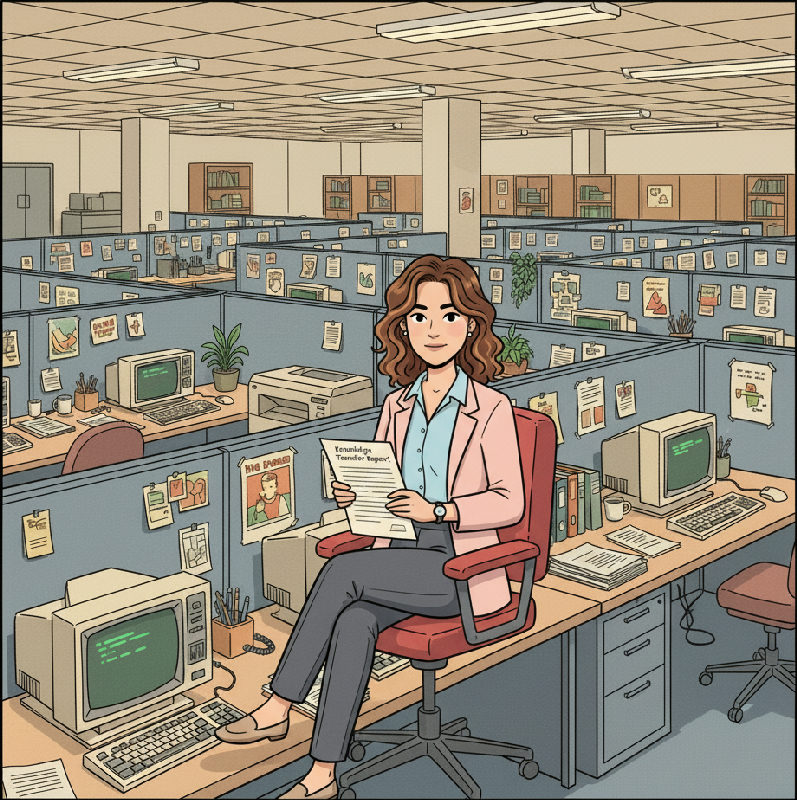 A manager reads a Knowledge Transfer Report at the desk, the calendar’s deadlines behind them and…