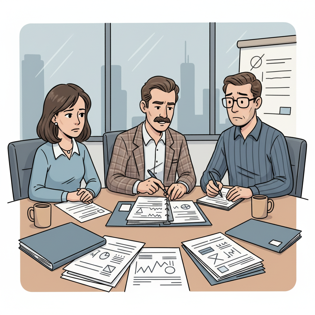 Cartoon: a manager and a departing employee at a small office table, walking through a one-page l…